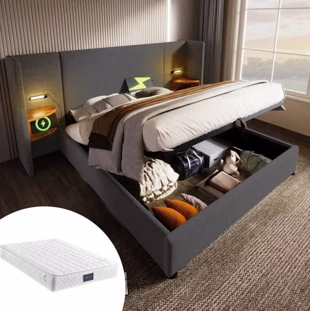 Letto matrimoniale MODFU in tessuto grigio con contenitore, lampada da lettura integrata e porte USB/Type-C, L/P: 160 x 200 cm – 1
