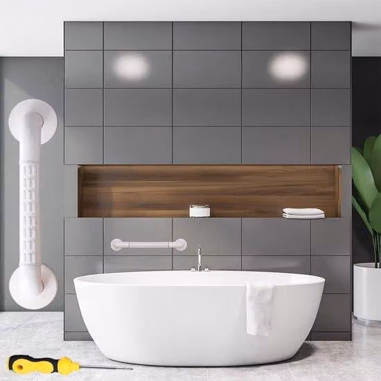 Maniglie da bagno regolabili, superficie antiscivolo, acciaio inossidabile bianco, ausilio per anziani e donne in gravidanza.