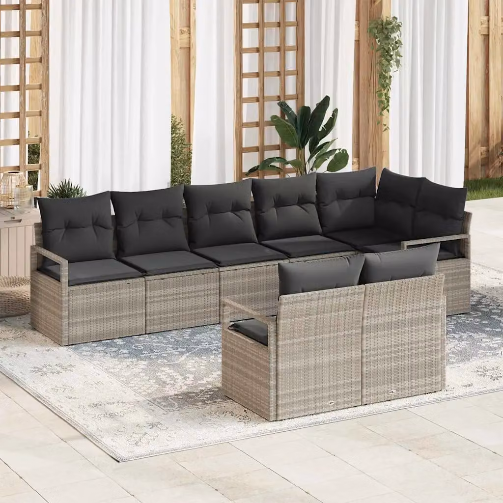 Set di divani da giardino vidaXL a forma di U, 8 pezzi, colore grigio, in rattan con struttura in acciaio e cuscini inclusi – 1
