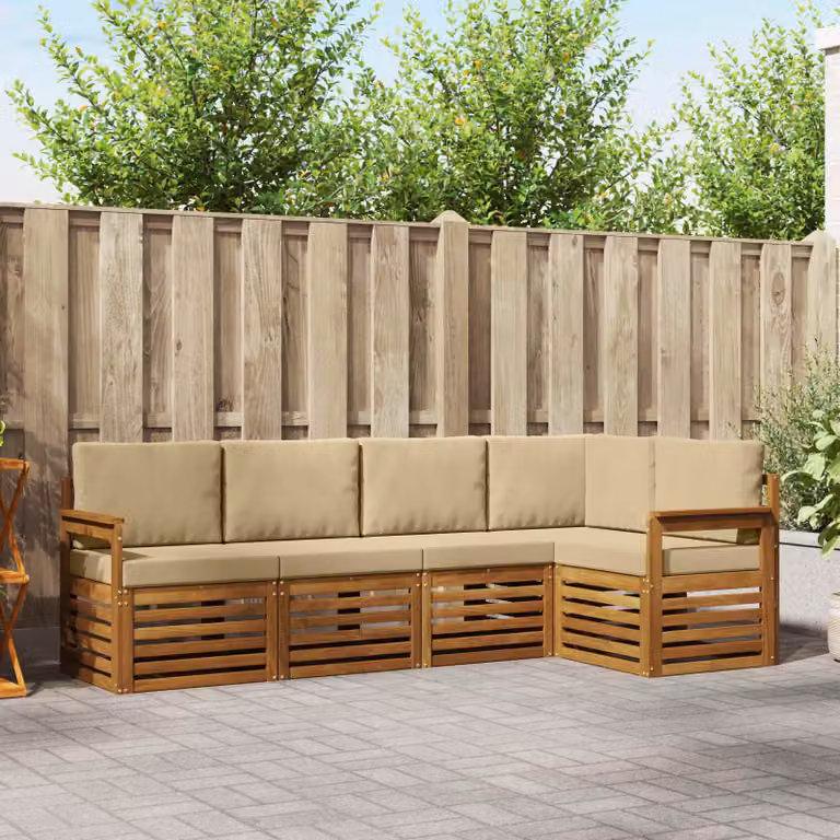 Set di divani da esterno a L vidaXL in legno di acacia con cuscini, beige e marrone