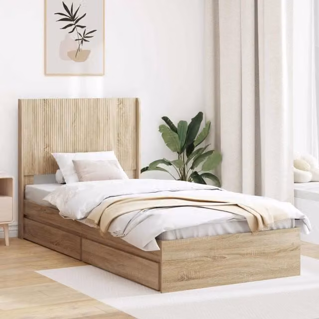 Letto con contenitore e testata vidaXL in legno color marrone, L/P/H: 90 x 200 x 97 cm