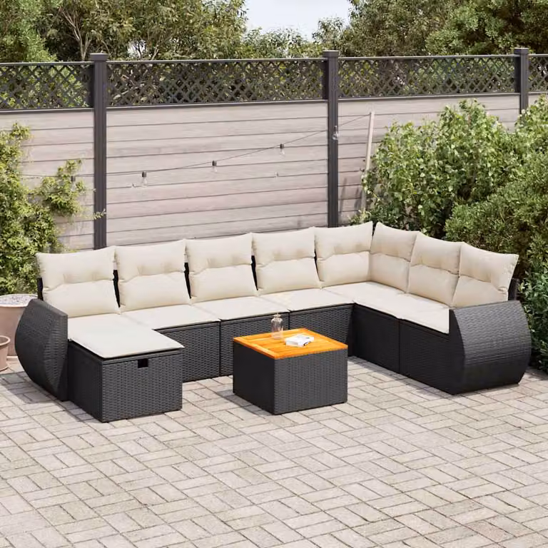 Set di divani da giardino vidaXL in polyrattan nero a forma di U composto da 9 pezzi con cuscini inclusi