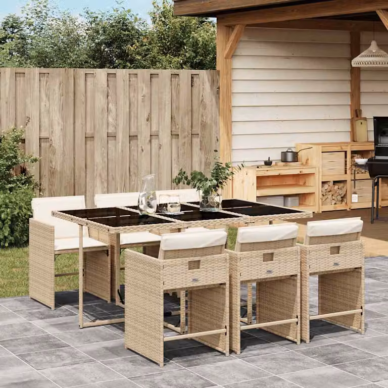 vidaXL Set da Pranzo da Giardino 7 pz in Polyrattan con Cuscini Beige e Piano in Vetro