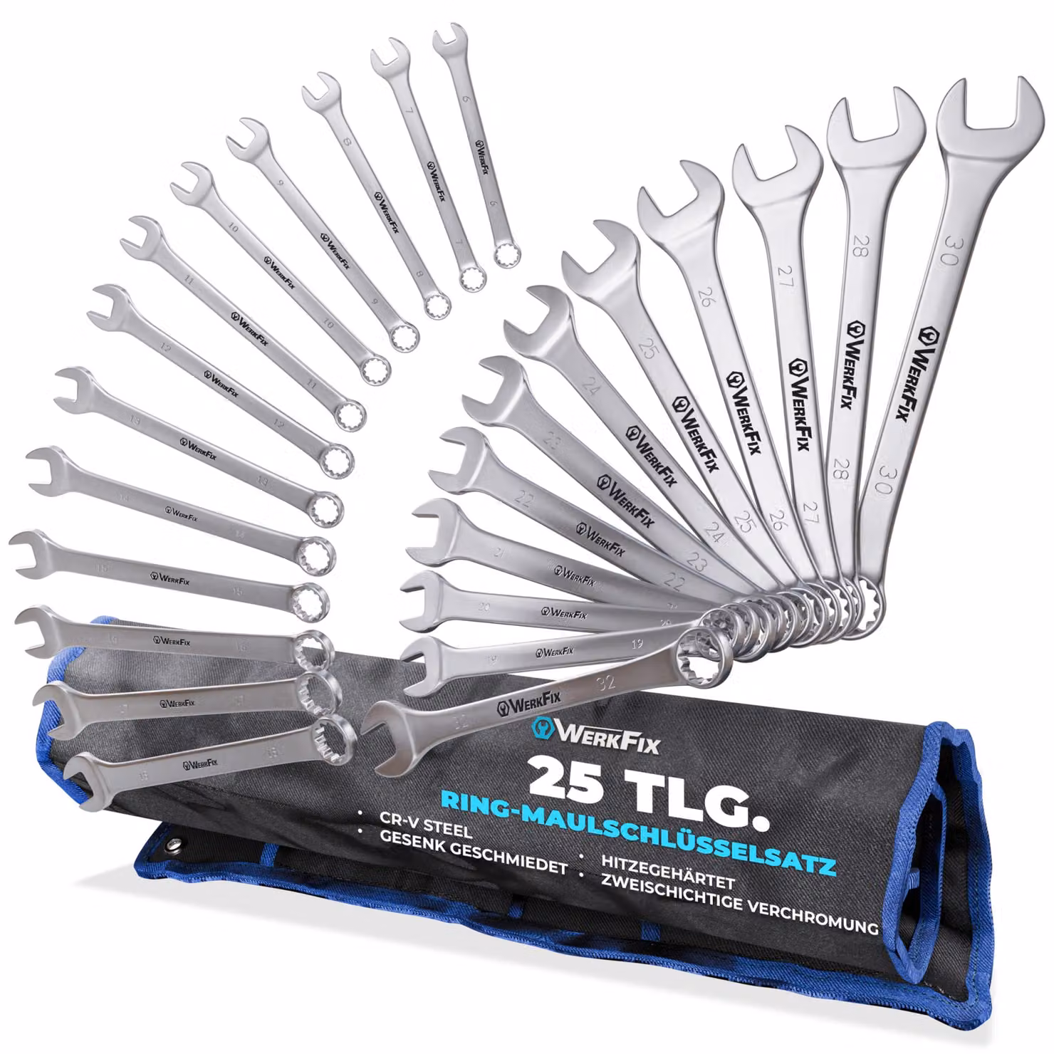 Set di chiavi ad anello e a bussola WerkFix, 25 pezzi, 6–32 mm | Set di chiavi in acciaio CrV per officina auto | Chiavi a forchetta opacizzate e con incisione laser | Set di chiavi professionali con custodia a tracolla – 25 pezzi
