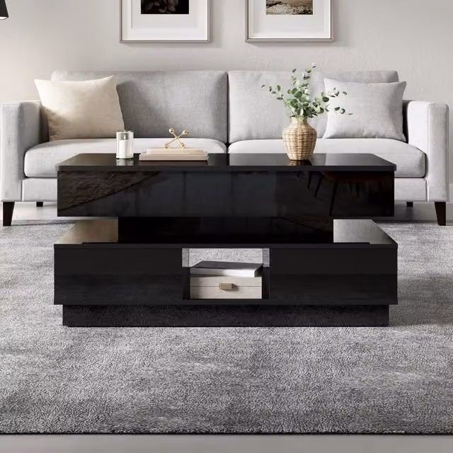 Desviae Tavolino basso sollevabile con presa LED cassetti e vani aperti in MDF nero lucido per soggiorno 90 × 48 × 42,5 cm
