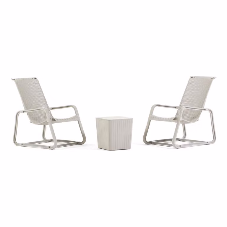 Set composto da 2 poltrone da giardino ergonomiche e un tavolino con vano portaoggetti in polipropilene resistente, dal design moderno, per piscina, terrazza, balcone e giardino - Lily