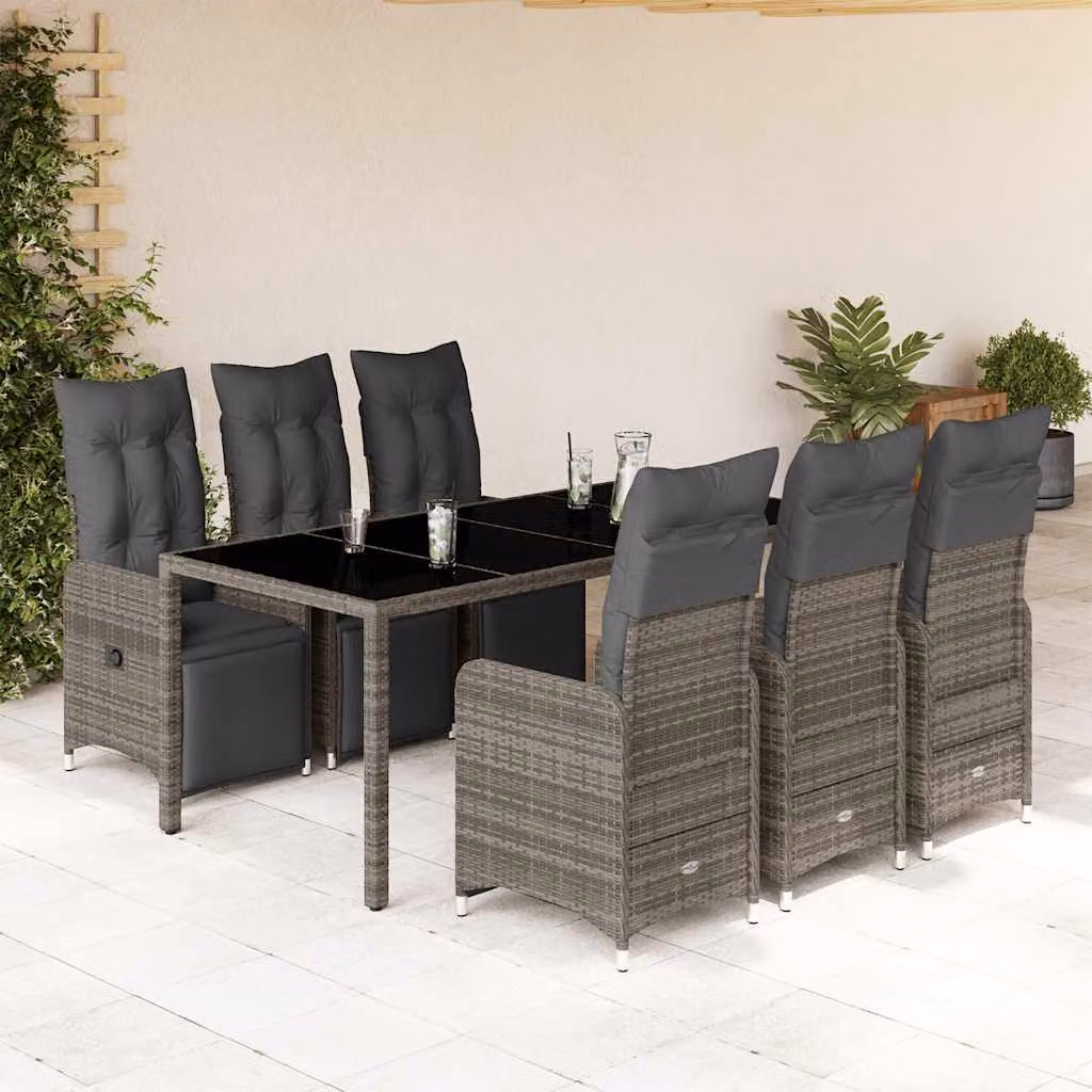 Set Bistrò da Giardino vidaXL 7 pz in Polyrattan e Metallo con Cuscini e Tavolo in Vetro Grigio – 1