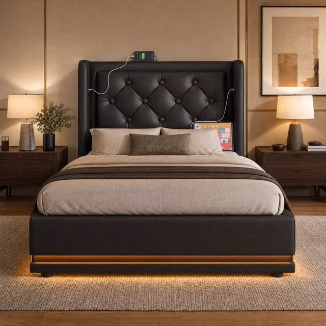 Letto singolo imbottito 90x200 cm in PU nero con contenitore; USB e Type-C; LED a 3 lati