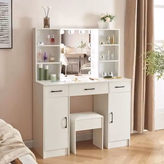 Tavolo per trucco grande con illuminazione e sgabello - Specchio - 3 colori - Brillante regolabile - 4 pannelli - 3 cassetti - Tavolo per trucco in bianco