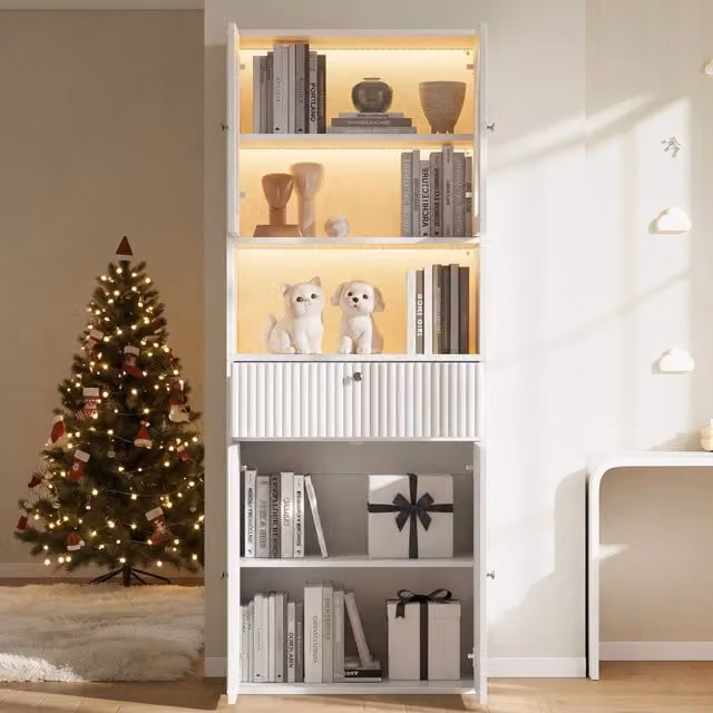 Vetrina LED RGB 70 x 35 x 180 cm; libreria; cassetti e ampio spazio contenitore per libri; modellini o collezioni; per soggiorno; bianco