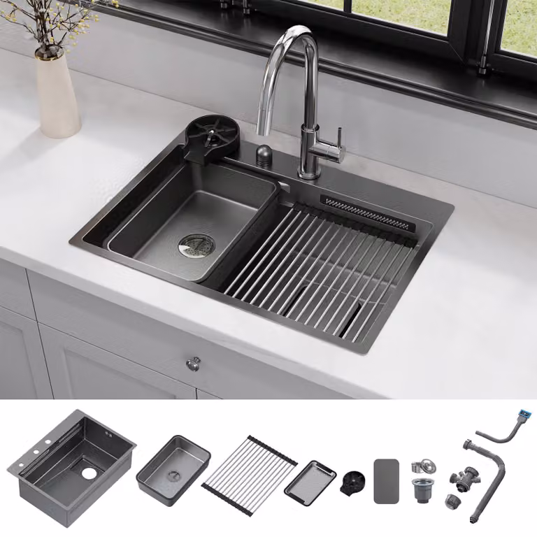 Lavello da cucina multifunzionale in acciaio inossidabile HOROW, dimensioni 66 x 48 cm, completo di rubinetto a cascata, dispenser per bicchieri, vaschetta interna di ricambio, piano di sgocciolamento e sistema di scarico