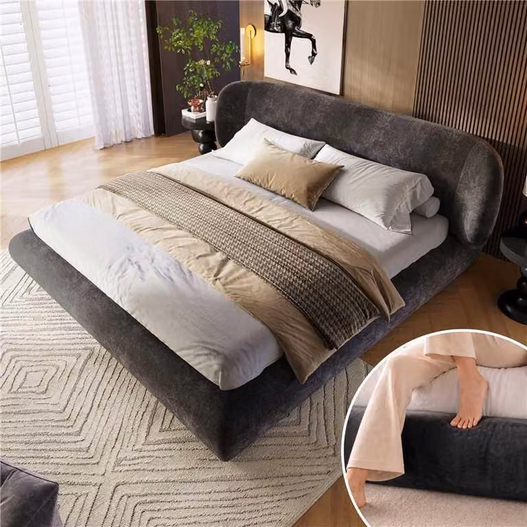 Letto imbottito Flieks, 140x200 cm, con testiera, letto matrimoniale per ragazzi con rete a doghe, letto classico in legno con rivestimento in chenille, grigio