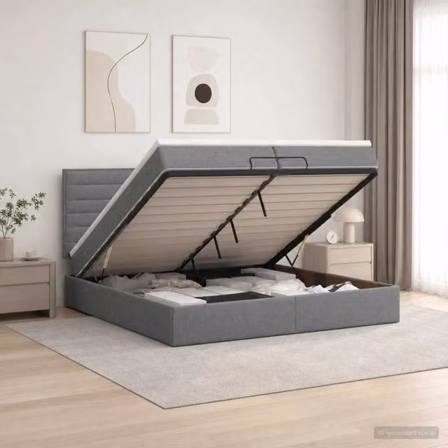 Letto ottomano con contenitore a sollevamento e materasso vidaXL in tessuto grigio L/P/H: 200 x 200 x 88 cm