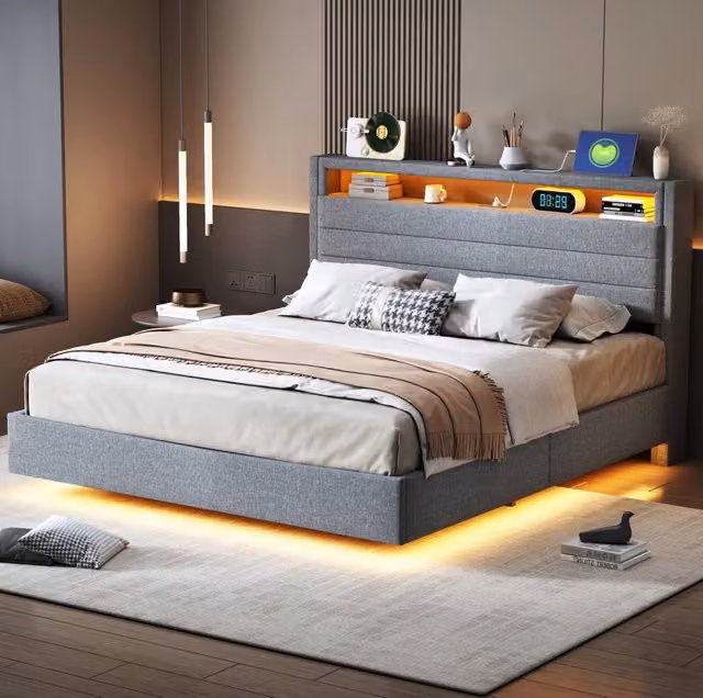 Letto imbottito 140x200 cm; contenitore idraulico con USB e LED; tessuto grigio