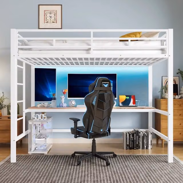Letto a soppalco per bambini 90 x 200 cm con scrivania integrata; scala; sponde e luci LED; metallo e MDF bianco/nero