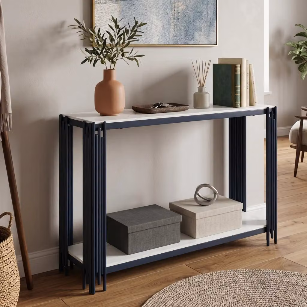 Consolle Mivray con due ripiani in MDF effetto marmo bianco e struttura in metallo nero per ingresso, soggiorno o camera da letto – 2