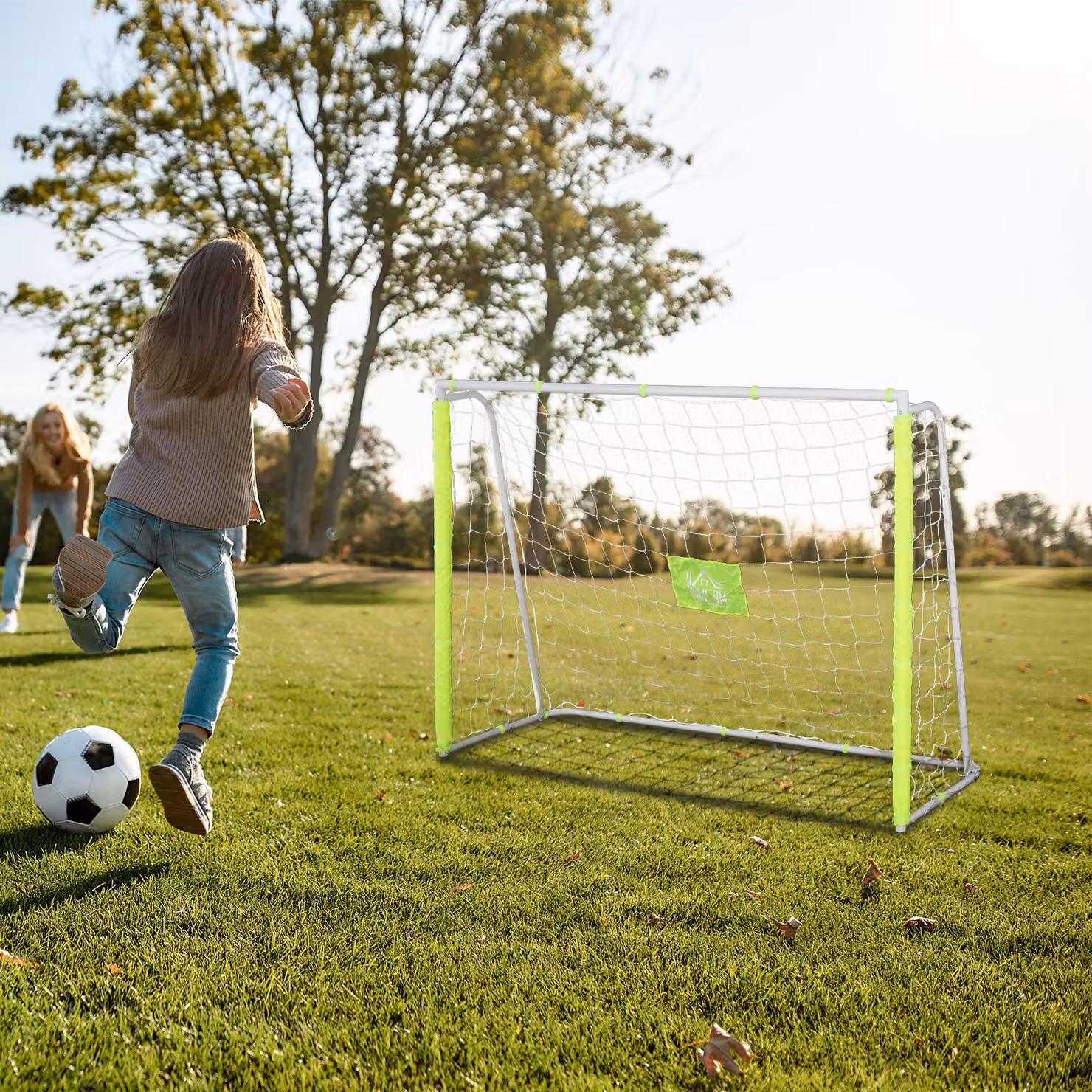 Porta da calcio HOMCOM per adulti e bambini in metallo e tessuto Oxford, bianco e giallo, L 186 x P 62 x H 123 cm – 2