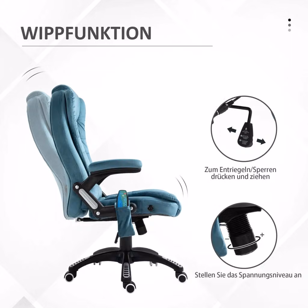 Sedia da ufficio OKWISH blu con funzione massaggiante e riscaldante, schienale reclinabile, braccioli e rotelle, girevole a 360 gradi – 2