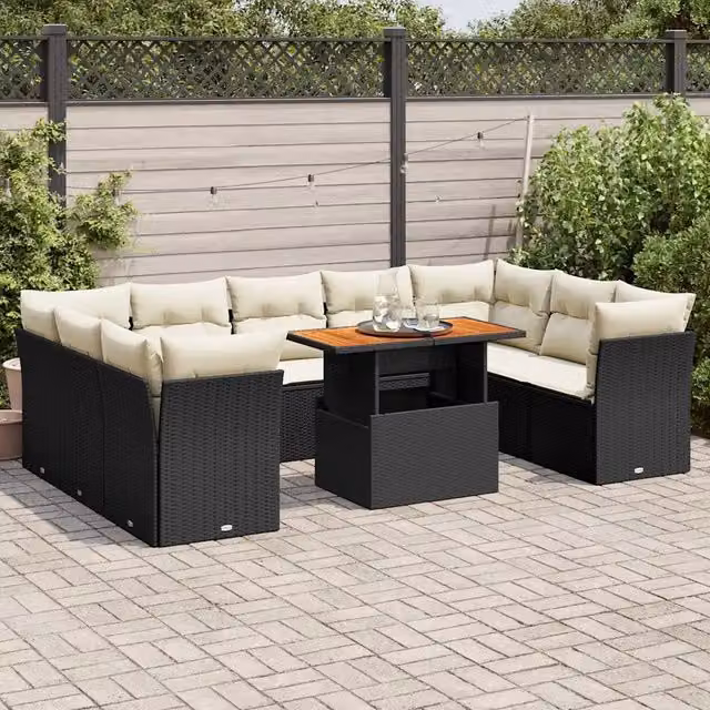 Set Divani da Giardino 10pz con Cuscini in Polyrattan Nero 3326968