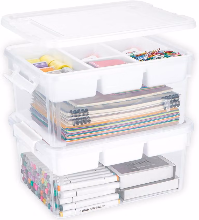 Contenitore in plastica da 16 litri, con coperchio e cassetto estraibile, impilabile, ideale per attività artistiche e artigianali
