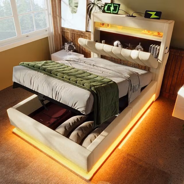 Letto singolo-Xylo-90x200 cm-LED, USB-C, testiera, idraulico, lino, beige