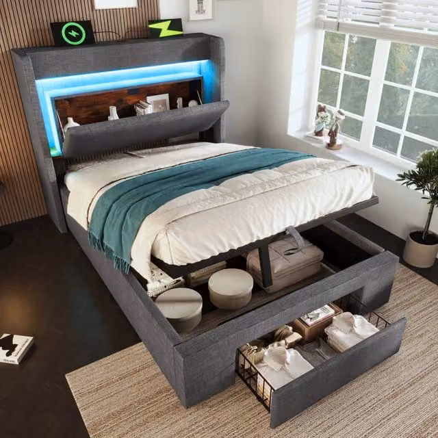 Letto singolo contenitore 90 × 200 cm, LED regolabile, USB e USB-C, cassetto, senza materasso, in lino grigio