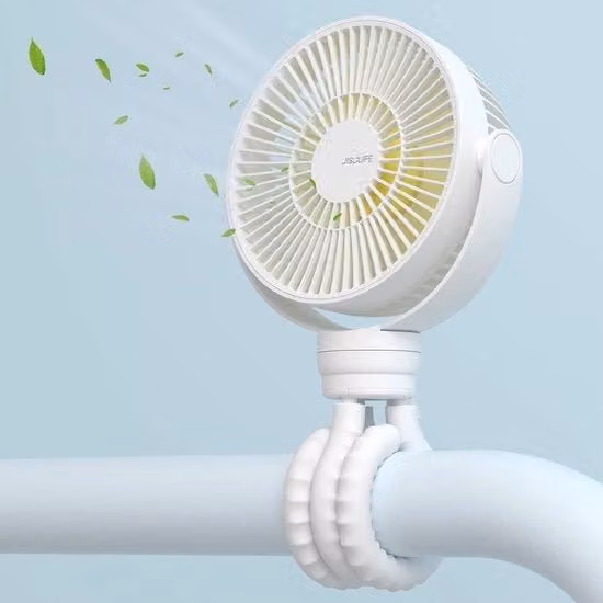Ventilatore portatile mini JISULIFE ricaricabile bianco con 4 velocità, oscillazione e treppiede flessibile in silicone e plastica