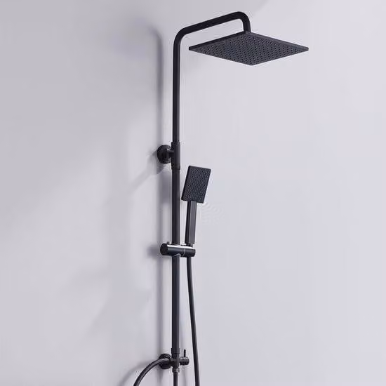 Set doccia Unyqoos® nero – soffione quadrato 25x25 cm, barra regolabile da 74 a 109 cm, doccetta manuale, tubo in acciaio inossidabile da 1,5 m, senza miscelatore