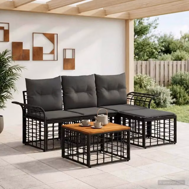 Set di divani da esterno a L vidaXL composto da 5 pezzi con tavolino, pouf, divano a 2 posti e divano a 3 posti, colore nero e grigio, struttura in acciaio verniciato a polvere e cuscini inclusi – 1
