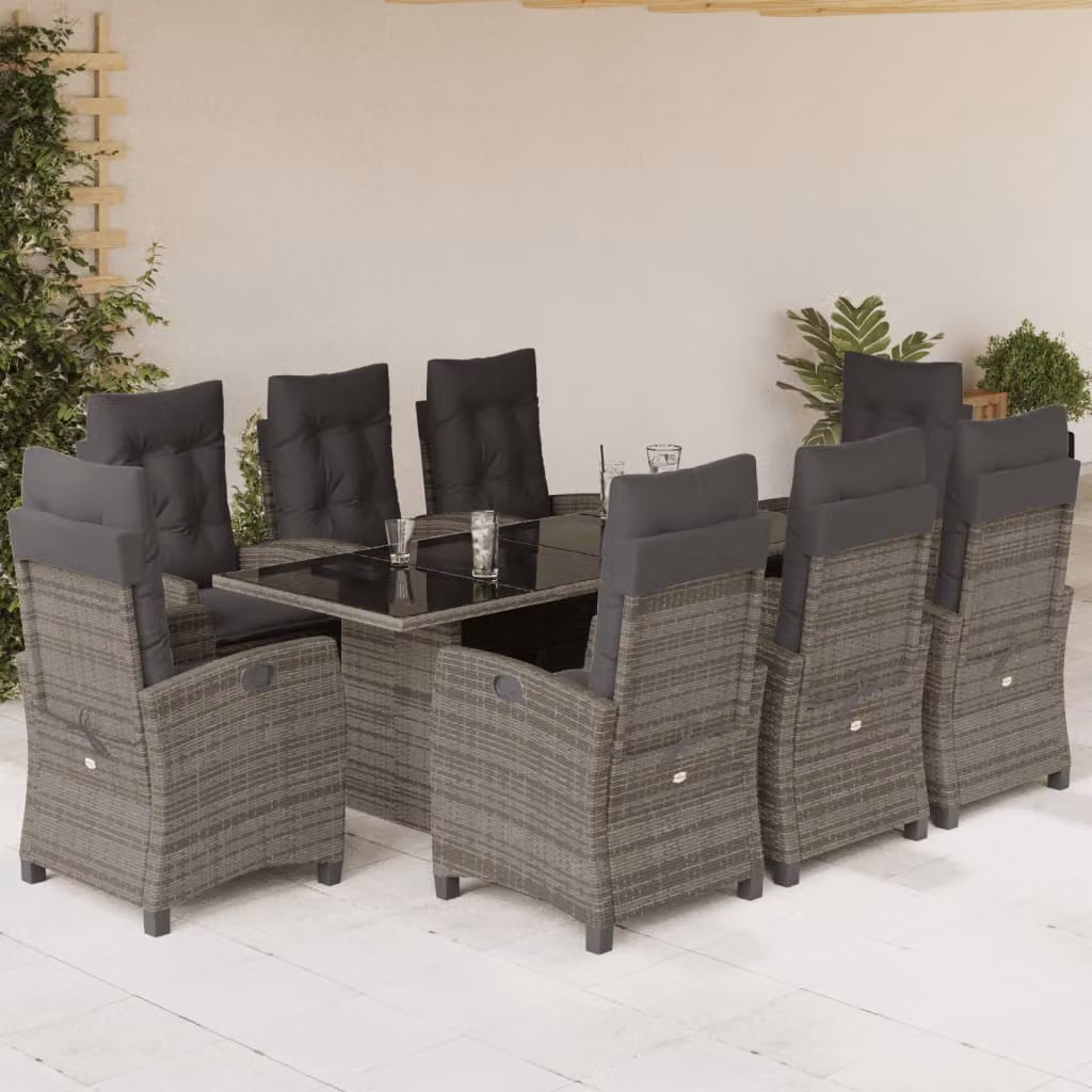 Set da pranzo da giardino vidaXL in polyrattan grigio con cuscini e piano in vetro, 9 pezzi – 1
