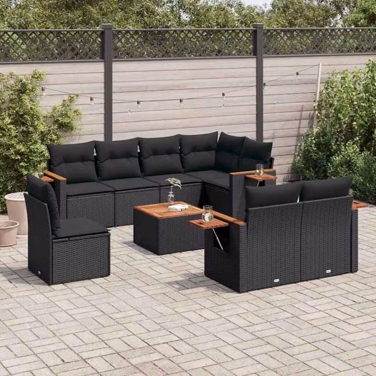 vidaXL Set Divani da Giardino a L in Polyrattan Nero con Cuscini e Tavolino da Esterno