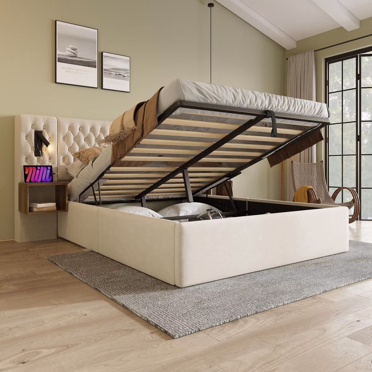 Letto imbottito idraulico Flieks 160x200cm con USB e comodino, letto matrimoniale box spring con lampada da lettura, letto contenitore letto in legno velluto, beige