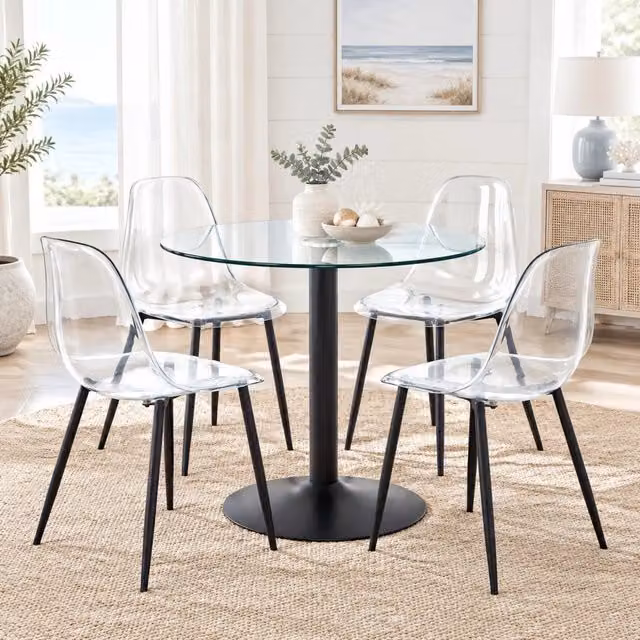 Set tavolo da pranzo rotondo Mivray con 4 sedie, piano in vetro trasparente e base in metallo nero