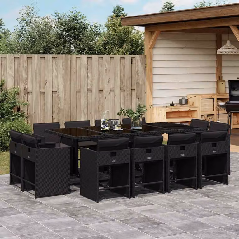 Set da pranzo da giardino vidaXL in polyrattan nero con cuscini e piano in vetro, 13 pezzi