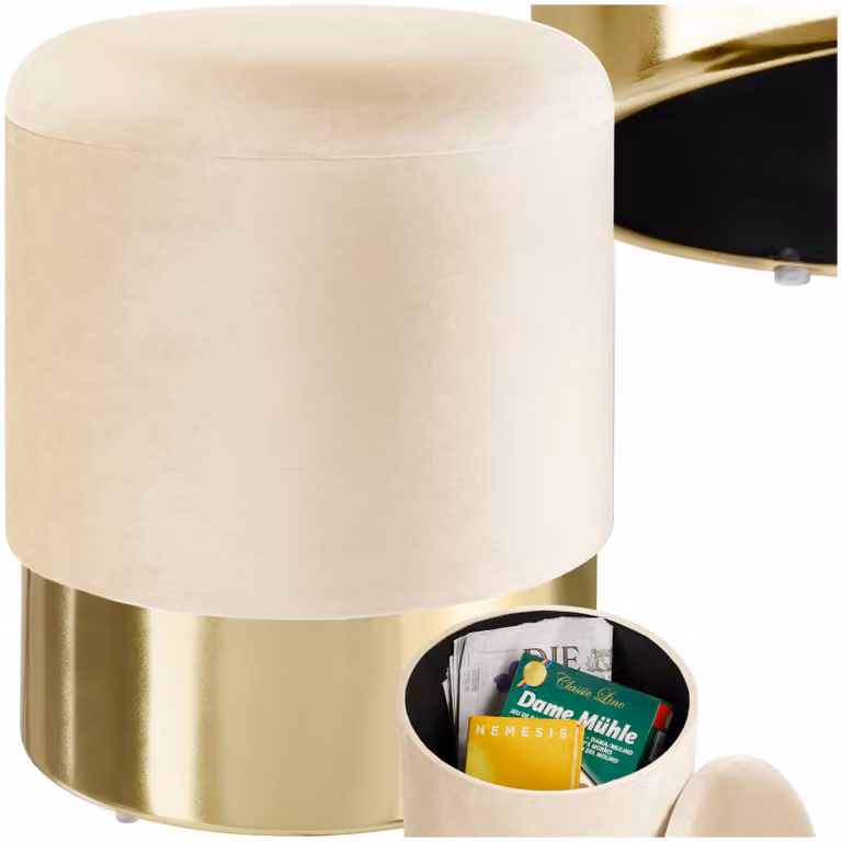 Sgabello Sarina tectake in velluto beige con struttura in metallo e seduta cilindrica L/P/H: 44.5 x 36.0 x 44.5 cm