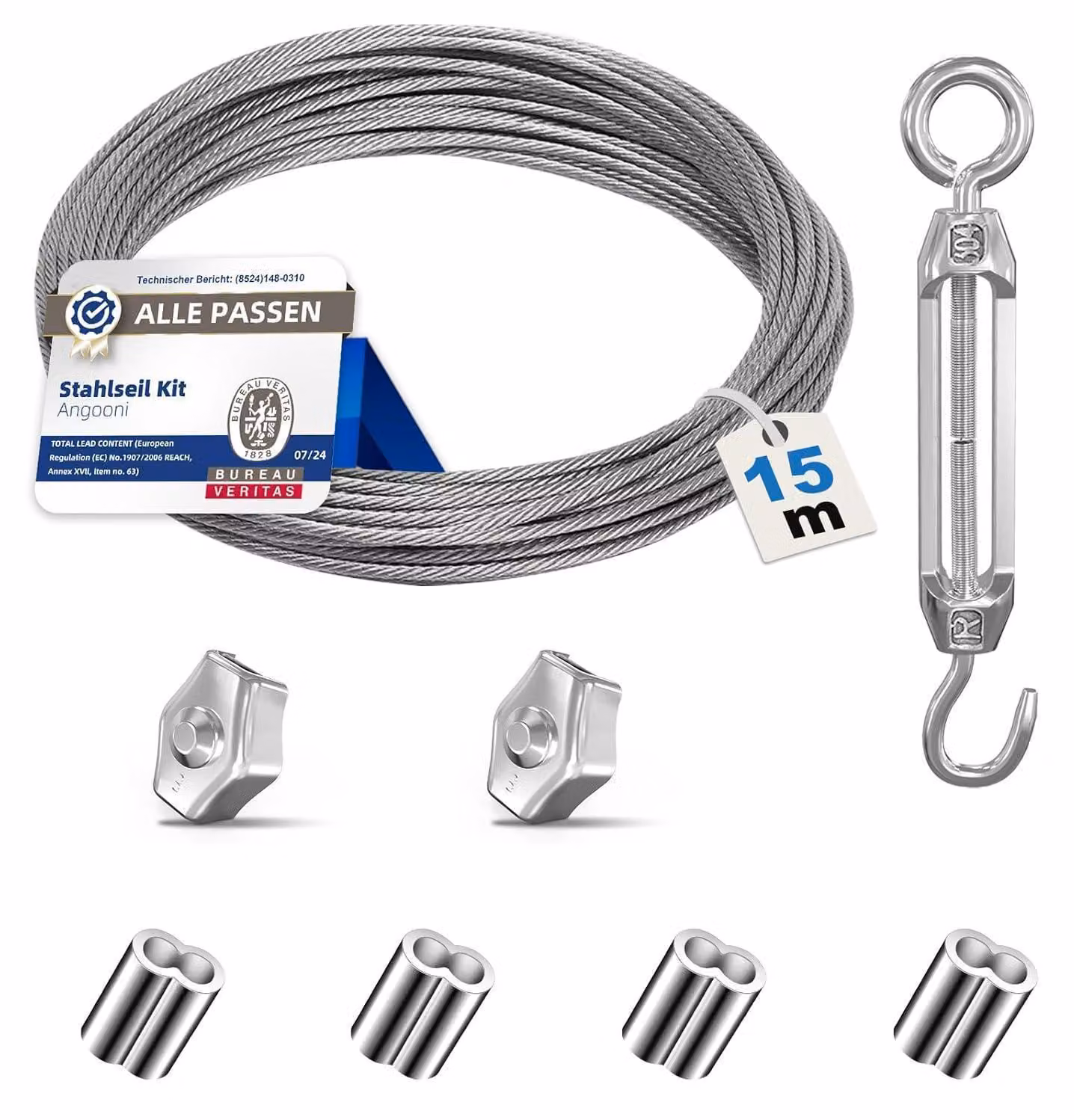 Cavo in acciaio inossidabile da 2 mm con rivestimento in PVC, lunghezza 15 metri, set di tensionatori per cavi completo di morsetti e anelli