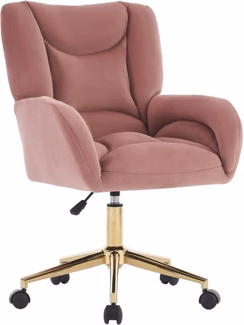 Sedia da ufficio girevole moderna in velluto rosa con ruote e struttura in metallo, H 92.5 x L 64.0 x P 62.0 cm – 1