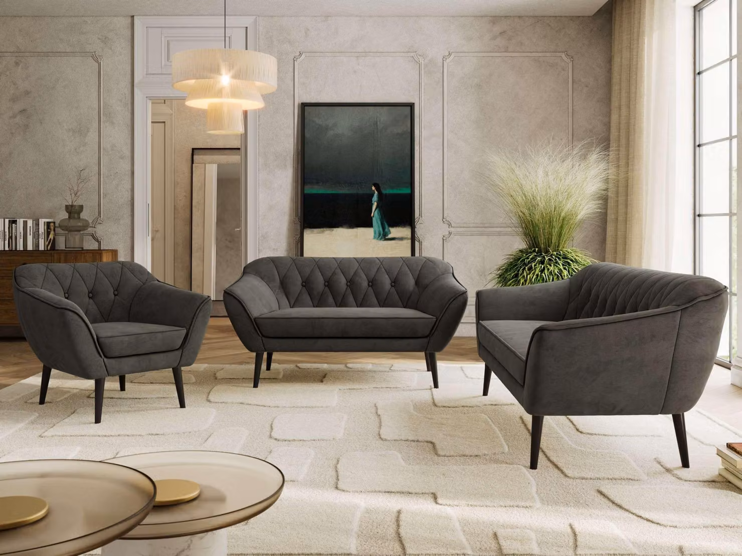 Divano componibile MKS MEBLE PIRS 1-2-3, set completo in stile scandinavo, con sospensioni a molle, gambe nere, gruppo sedute, set di mobili, set con braccioli - velluto grigio scuro