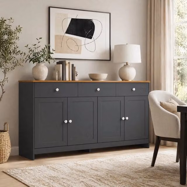Credenza 160x37x75 cm grigio nero in MDF con 4 ante e 3 cassetti