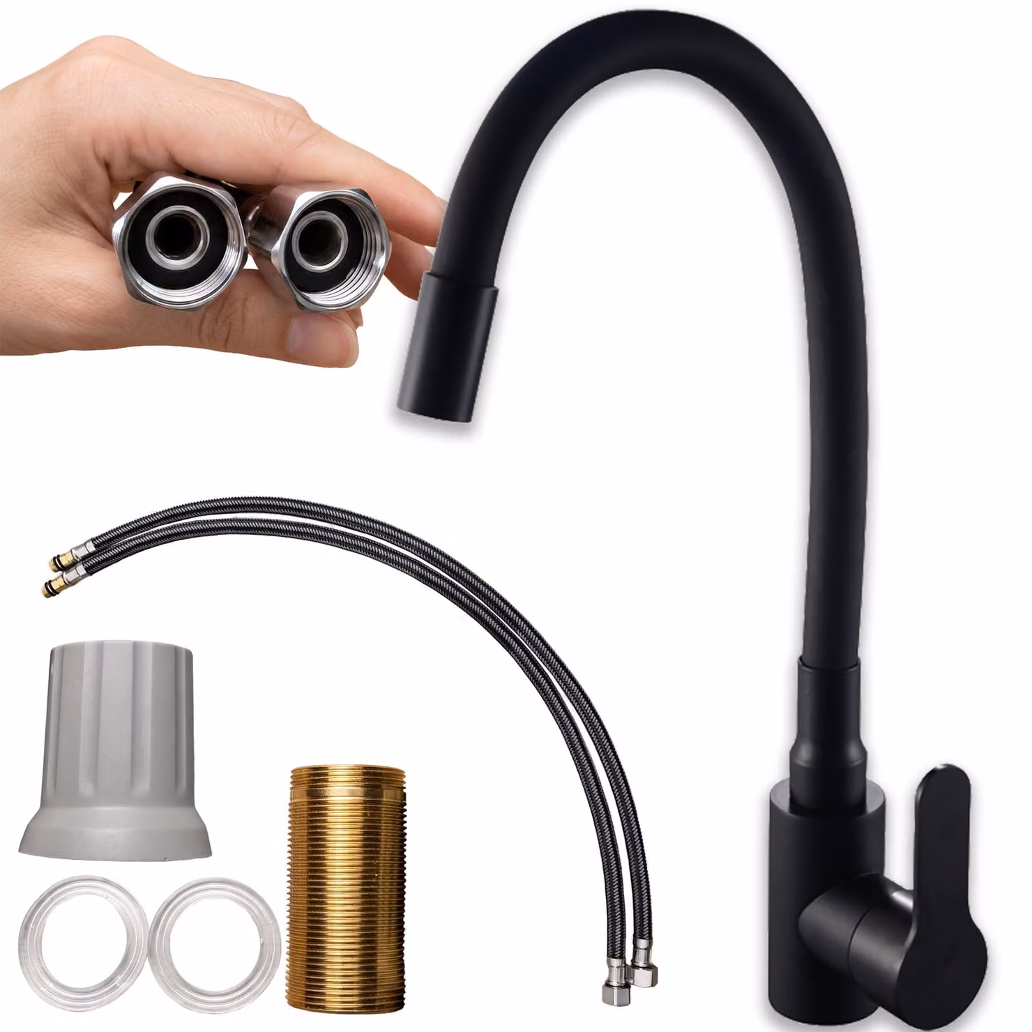 Miscelatore per cucina KRUMAD, rubinetto da cucina nero, rubinetto per lavello, miscelatore da cucina con tubo, miscelatore moderno per lavelli da cucina