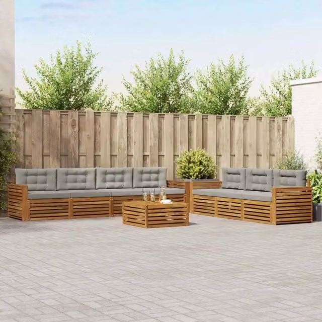 Set di mobili da giardino vidaXL composto da 8 pezzi con divani a forma di U, tavolino da caffè e cuscini, in legno di acacia trattato e tessuto beige e grigio