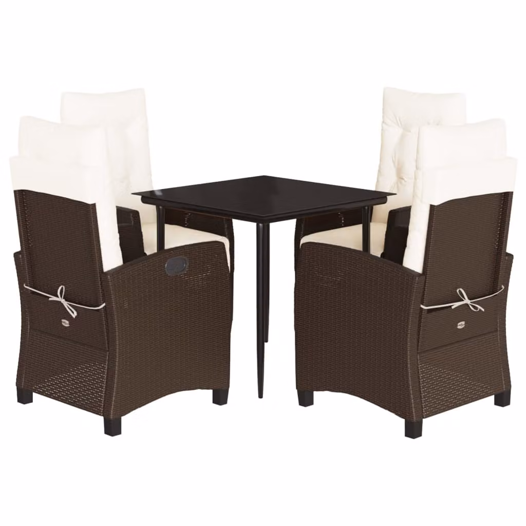 Set da Pranzo da Giardino 5pz con Cuscini in Polyrattan Marrone