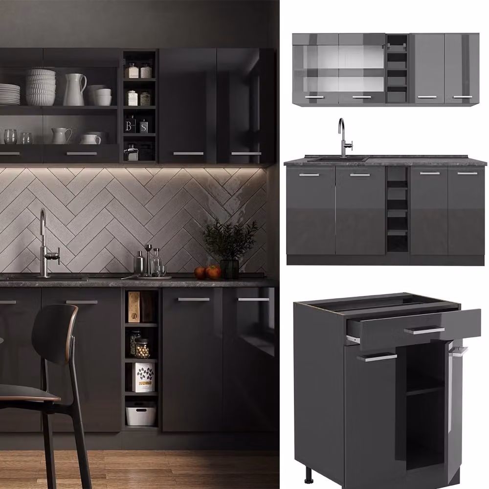 Cucina completa R-Line Vicco moderna in antracite lucido e Rovere, L: 160 cm, P: 60 cm, H: 81,6 cm – 2