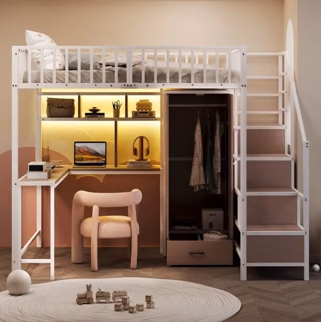 Letto a soppalco 140x200 cm con scrivania, armadio e LED
