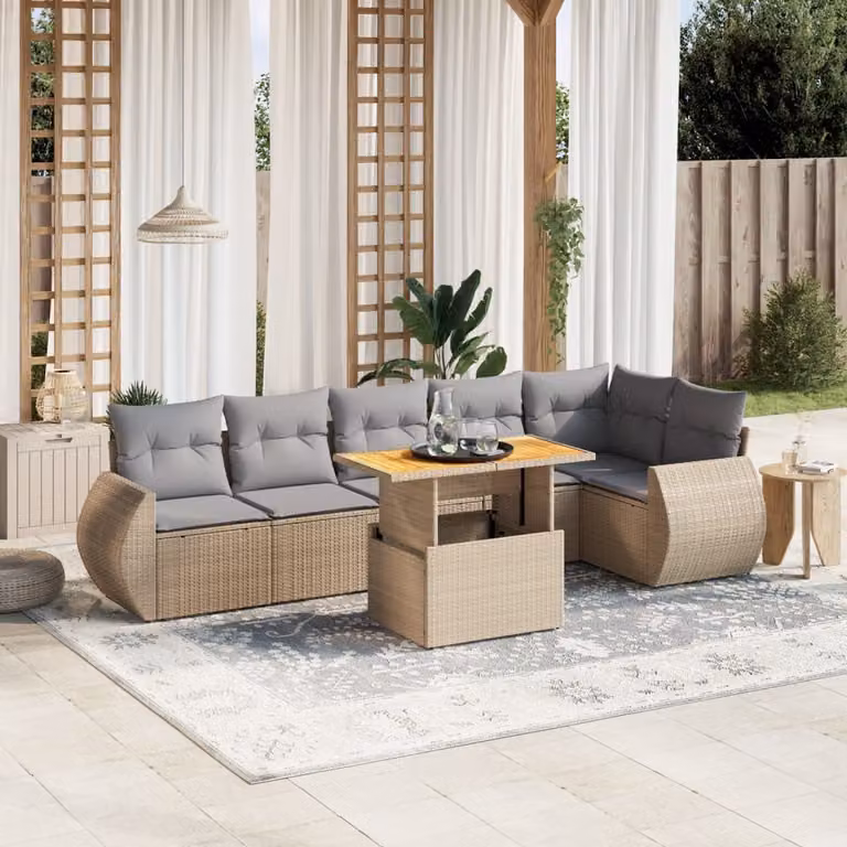 vidaXL Set Divani da Giardino 7 pz a Forma a L con Cuscini Beige e Tavolino in Polyrattan e Legno di Acacia