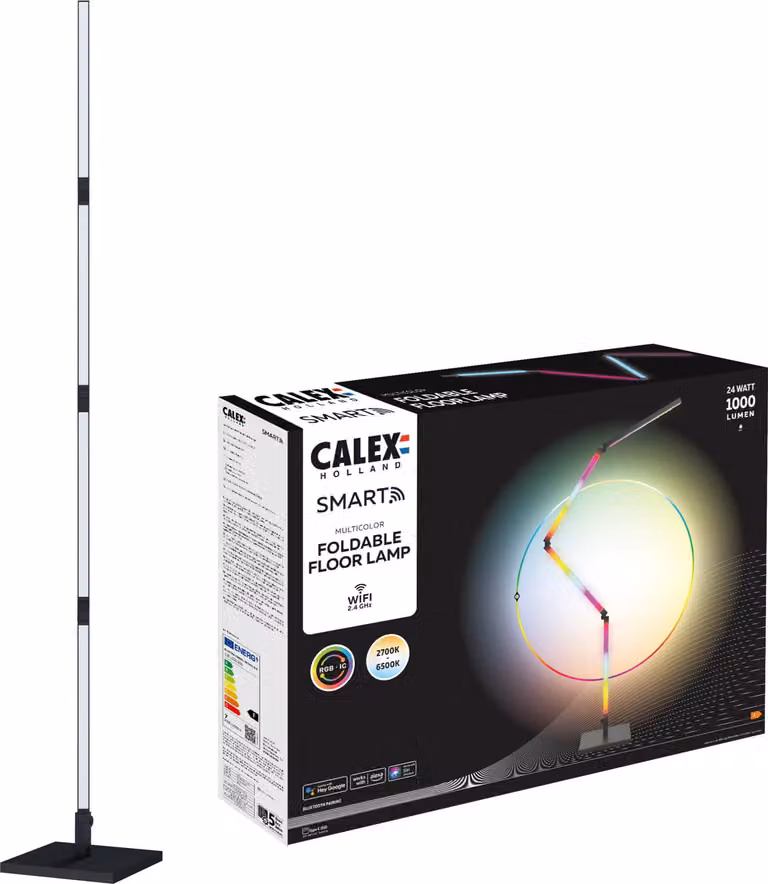 Lampada da gaming LED RGB-IC intelligente Calex Smart, Wi-Fi, Bluetooth, 24W, 1000lm, dimmerabile, luce bianca e colorata, compatibile con Google Assistant e Alexa, 175 cm, Classe energetica F