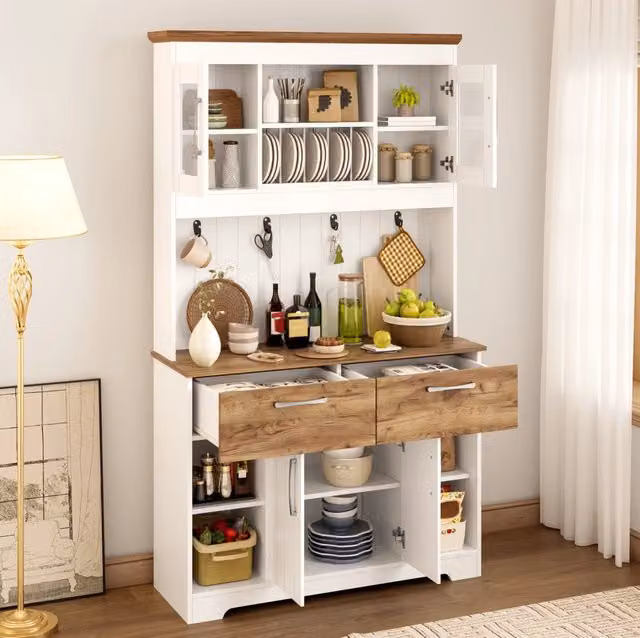 Buffet da cucina moderno bianco e legno con vetrina, 2 cassetti, armadietti e appendiabiti, 106x39x176,5 cm