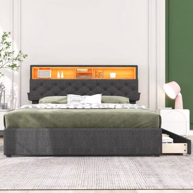 Letto imbottito matrimoniale con contenitore testiera LED cassetti ¨C Minimal ¨C Grigio tessuto 140x200 cm