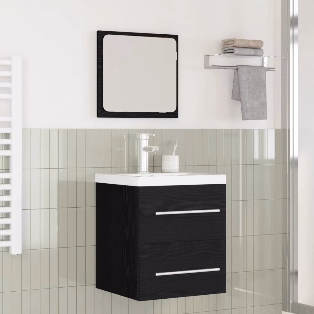 Set di mobili per il bagno componibile con mobile lavabo e specchio, design minimalista in legno e metallo, colore nero e rovere, L/P/H: 80 x 48 x 41 cm – 2