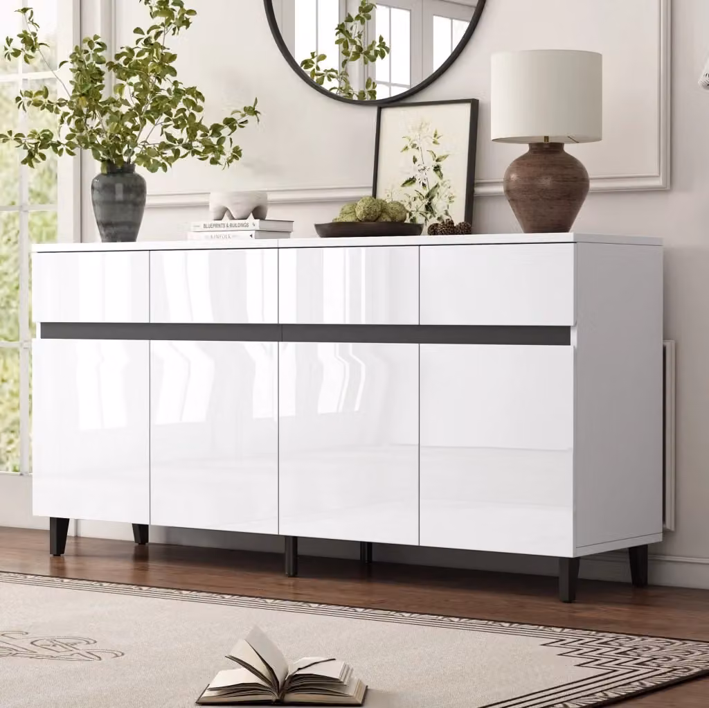 Sideboard moderno bianco lucido con 4 cassetti e 2 ante L: 160 cm, P: 40 cm, H: 68 cm – 2